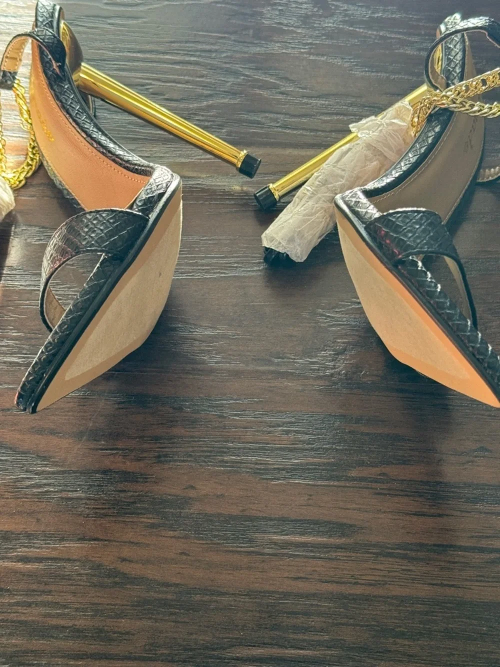 Lemonade Black Textured Pointed-Toe Slingback Heels with Gold Stiletto